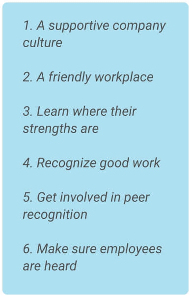 image with text - 1. A supportive company culture. 2. A friendly workplace. 3. Learn where their strengths are. 4. Recognize good work.