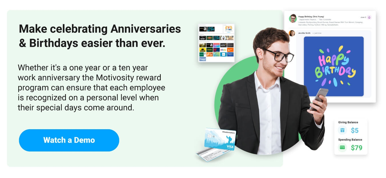 Celebrating a work anniversary can be easy with Motivosity's employee recognition solution