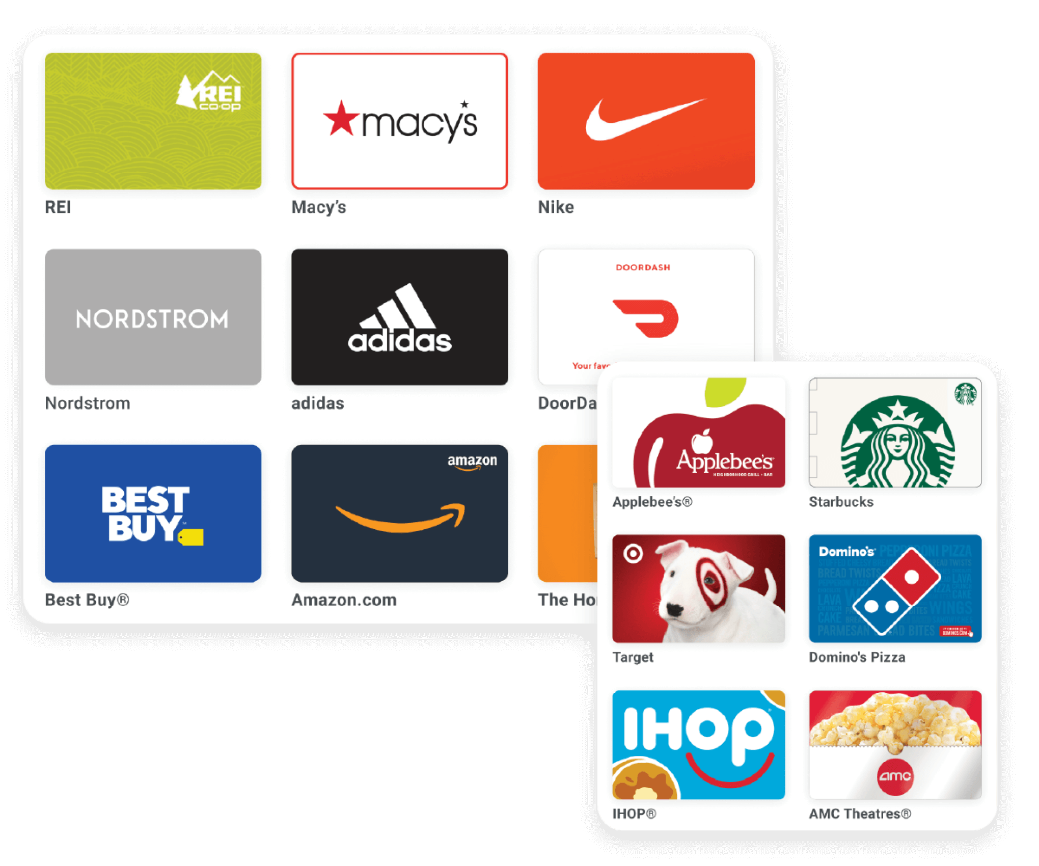 Image of gift cards available in the Motivosity store, used to incentivize employees.