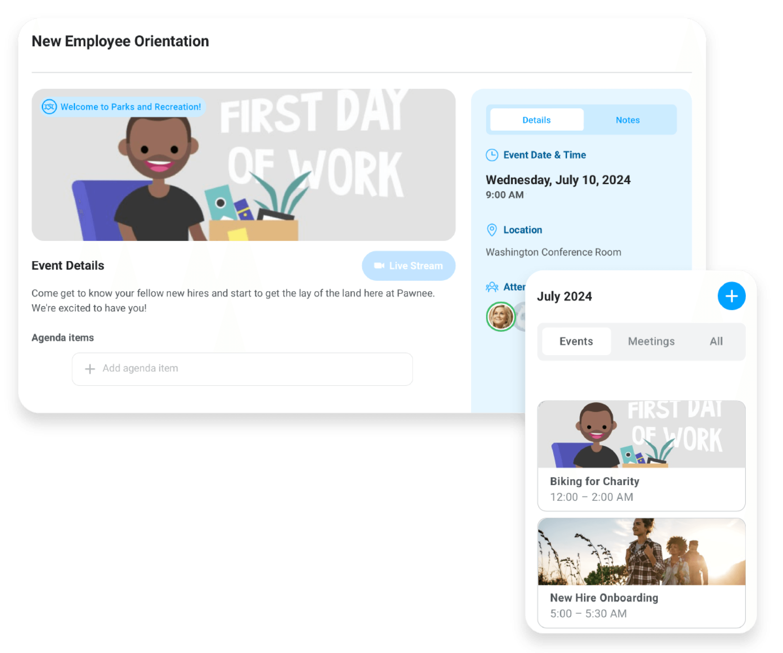 Image of events hosted in Motivosity, specifically for new hires. Plan, schedule, and manage events to support an effective employee communication strategy.