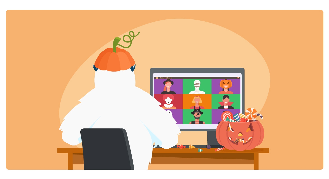 Image of Carl, the Motivosity mascot, on a zoom call with coworkers in Halloween costumes and Halloween candy.