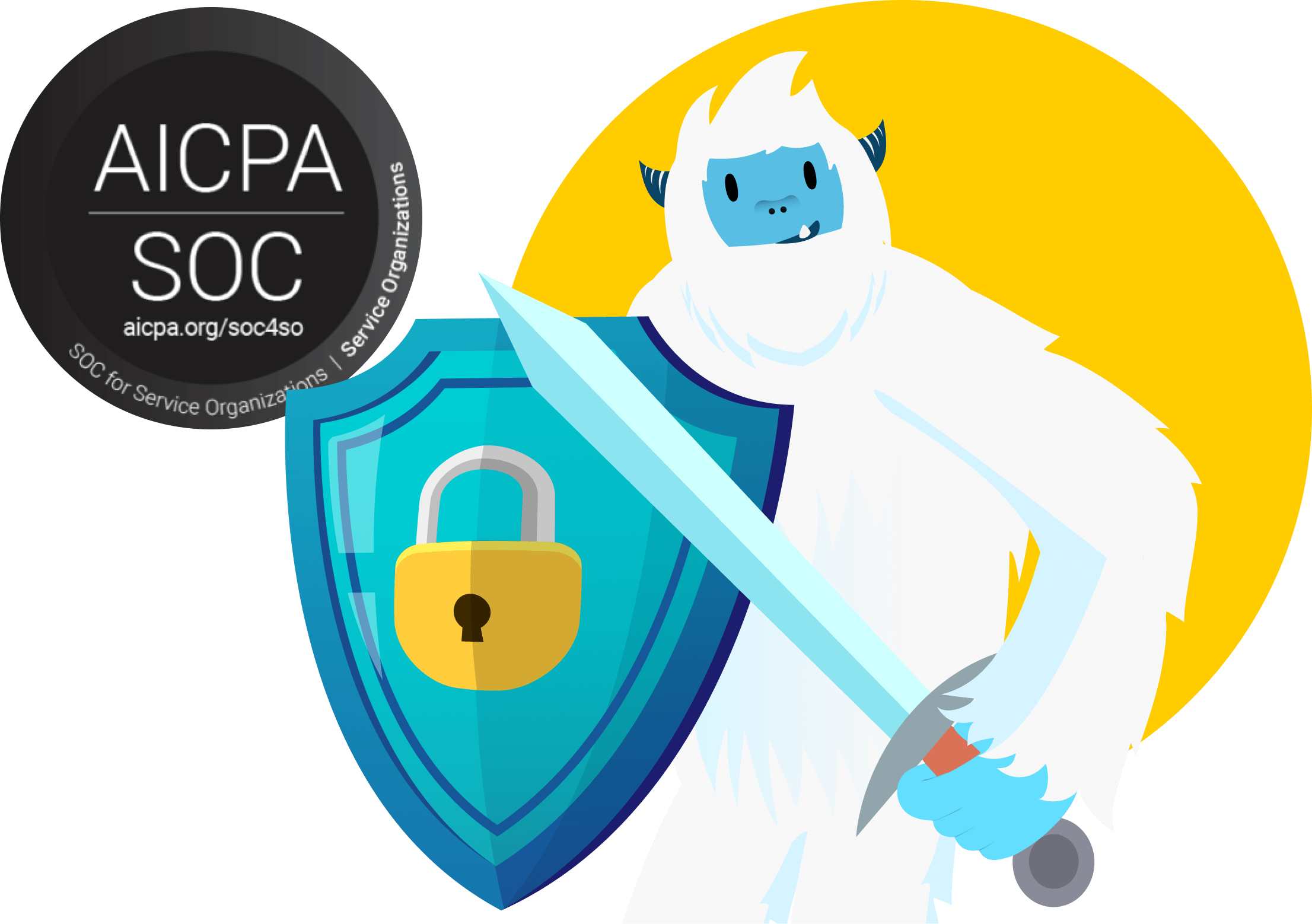 Illustration of Carl the Yei holding a sword and shield iwth a SOC compliance badge representing how Motivosity takes security seriously.