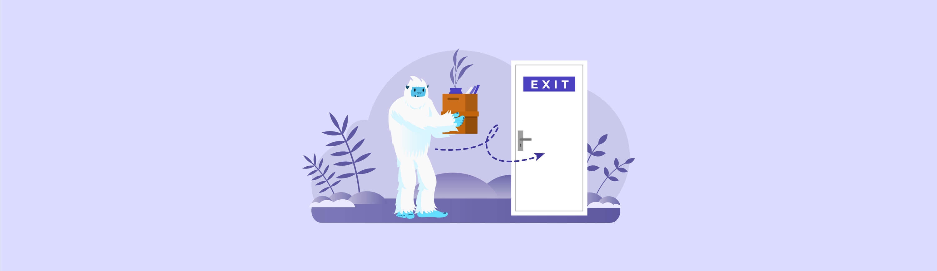 Illustration of Carl the yeti packing up his desk and walking towards an exit sign.