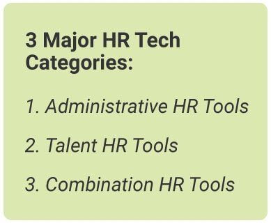 image with text - 3 Major HR Tech Categories: 1. Administrative HR Tools, 2. Talent HR Tools, 3. Combination HR Tools.