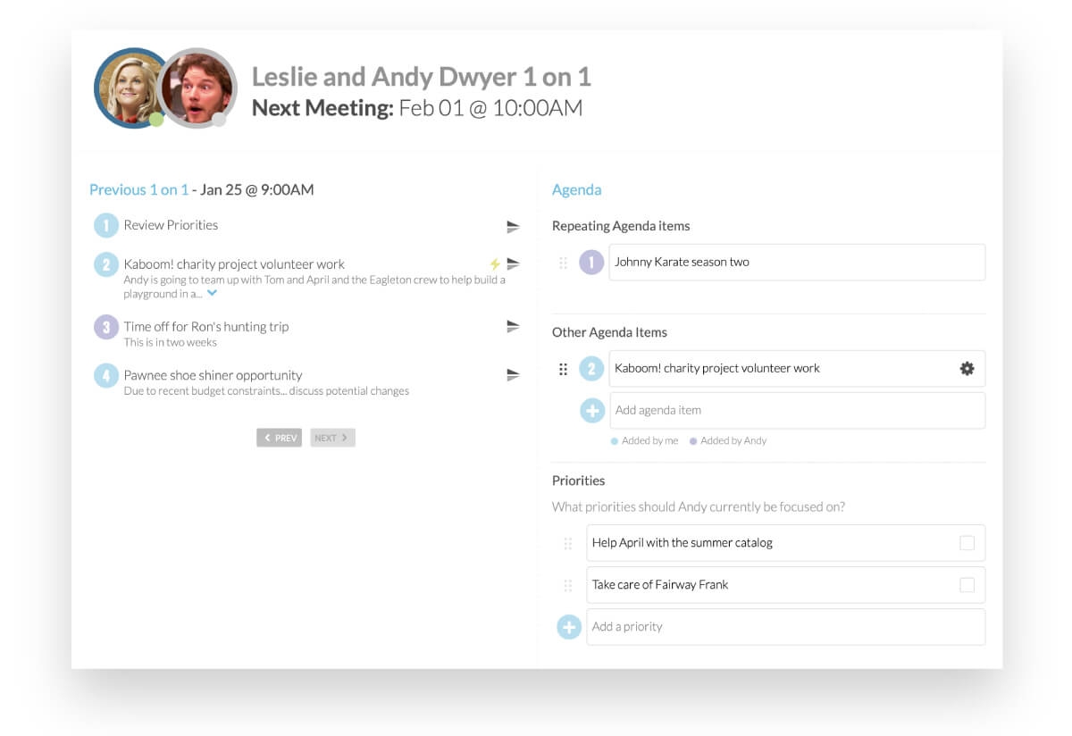 product screenshot of Motivosity Lead showing a 1 on 1 meeting with priorities and agenda items